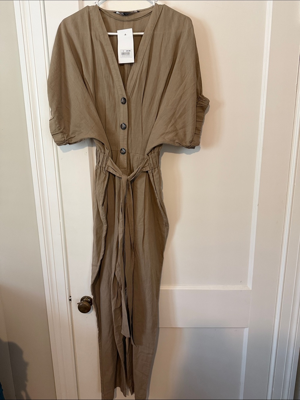Zara Taupe Button-Front Jumpsuit with Tie Waist